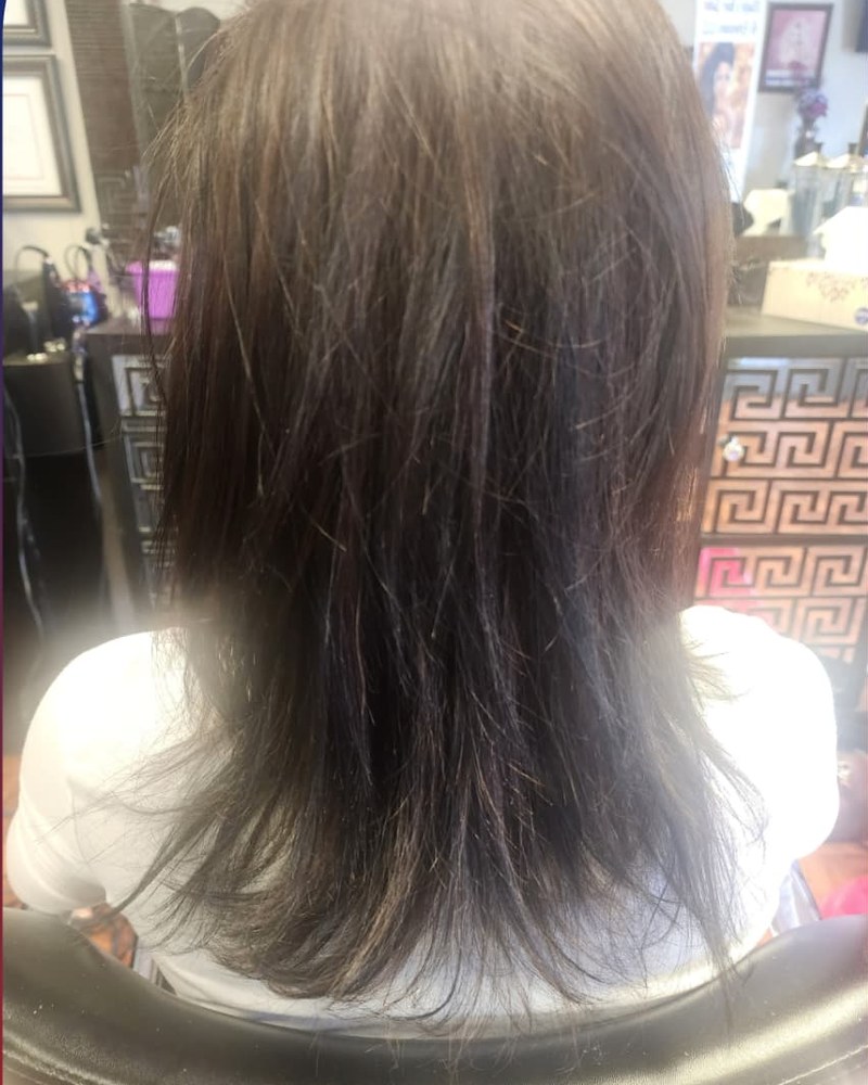 Brunette hair before K-Tip fusion extensions